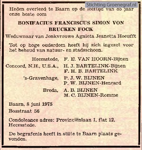 Overlijdensscan Bonifacius Franciscus Simon von Brucken Fock