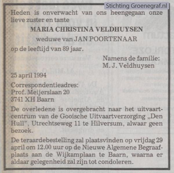 Overlijdensscan Maria Christina  Veldhuijsen
