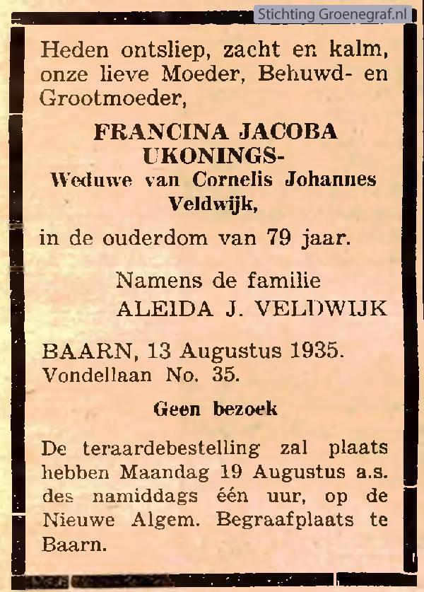 Overlijdensscan Francina Jacoba  Ukonings