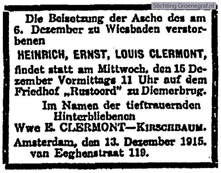 Overlijdensscan Heinrich Ernst Louis  Clermont