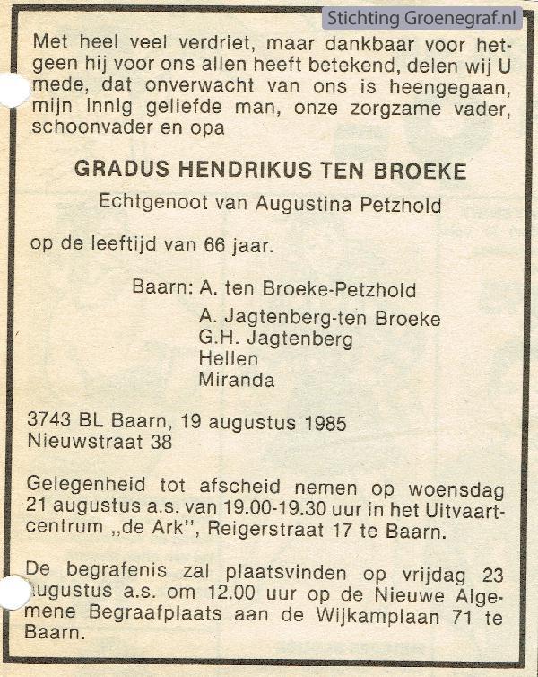 Overlijdensscan Gradus Hendrikus ten Broeke