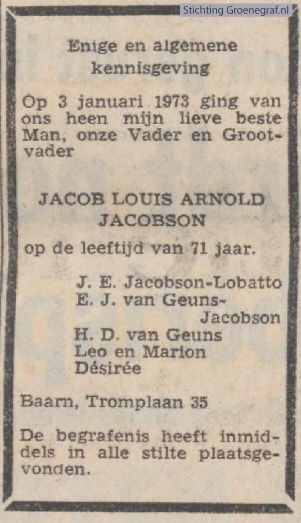 Overlijdensscan Jacob Louis Arnold  Jacobson