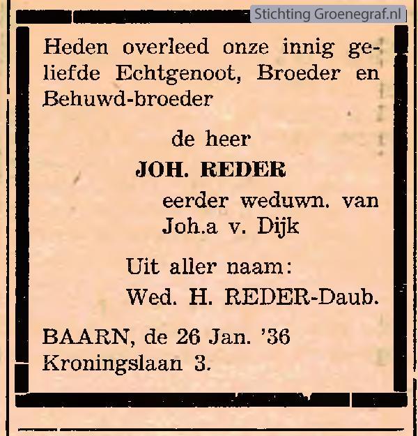 Overlijdensscan Hendrik Johannes  Reder