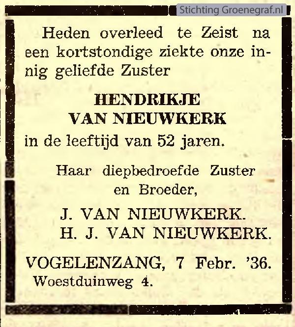 Overlijdensscan Hendrikjen van Nieuwkerk