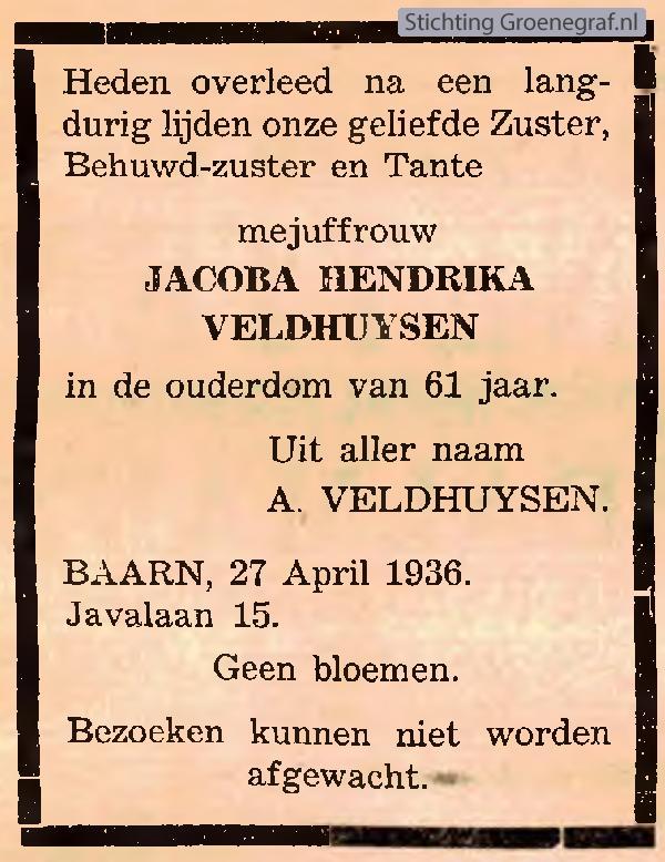 Overlijdensscan Jacoba Hendrika  Veldhuijsen