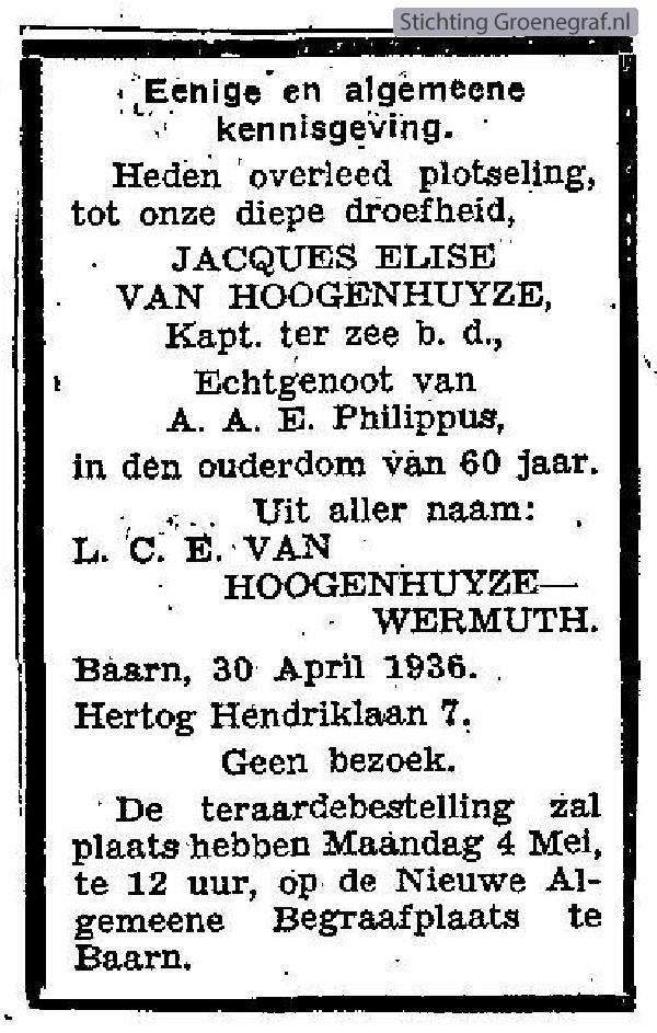 Overlijdensscan Jacques Elise van Hoogenhuijze