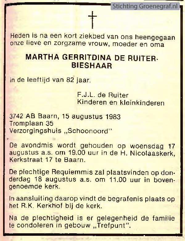Overlijdensscan Martha Gerritdina  Bieshaar