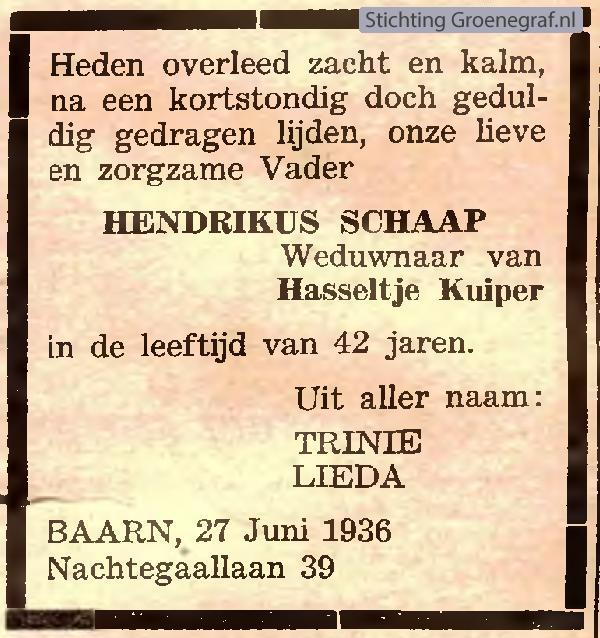 Overlijdensscan Hendrikus  Schaap