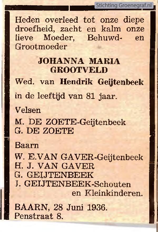 Overlijdensscan Johanna Maria  Grootveld