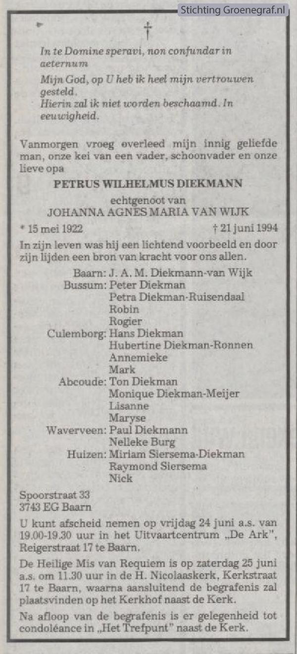 Overlijdensscan Petrus Wilhelmus  Diekmann
