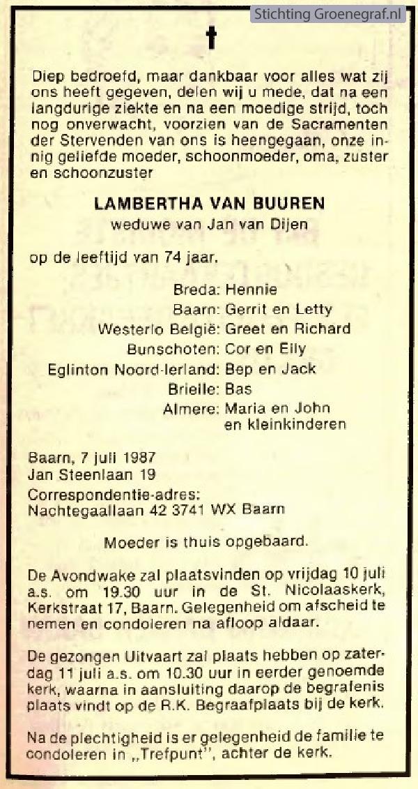 Overlijdensscan Lambertha van Buuren