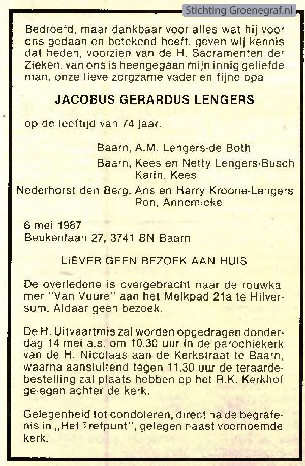 Overlijdensscan Jacobus Gerardus  Lengers