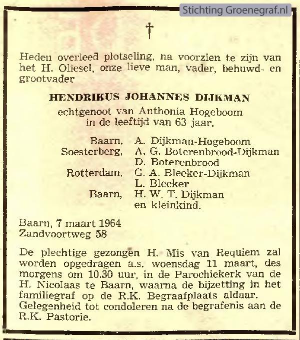 Overlijdensscan Hendrikus Johannes  Dijkman