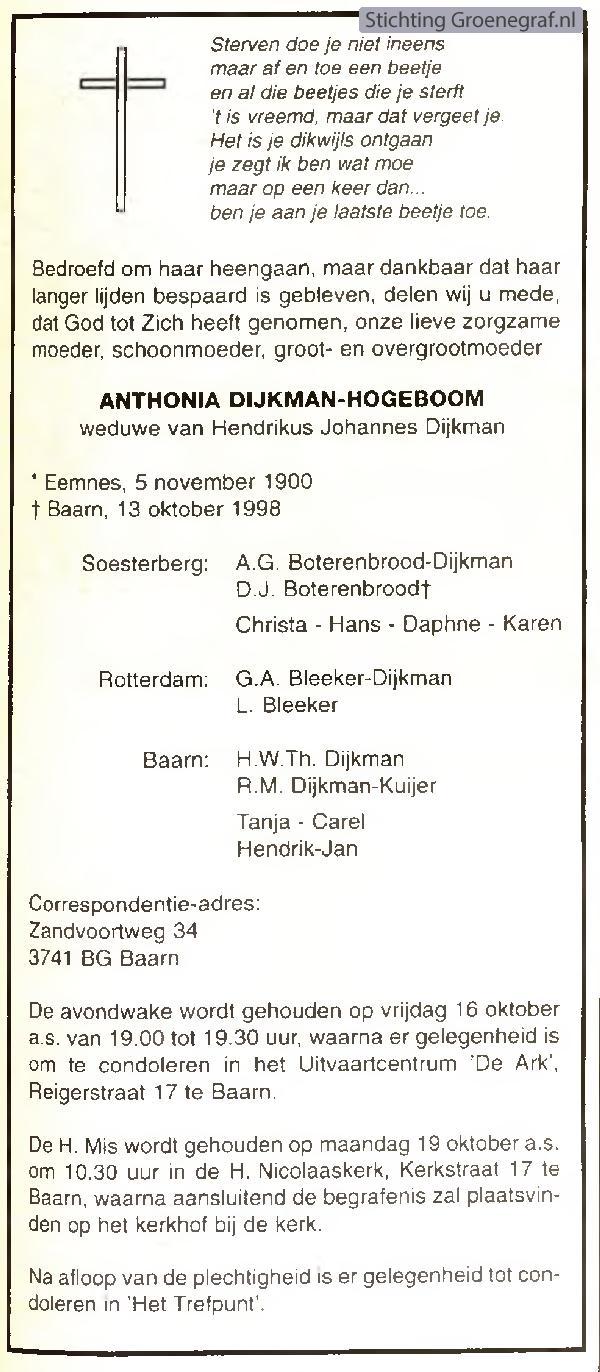 Overlijdensscan Anthonia  Hogeboom