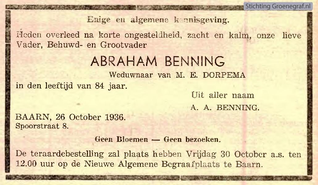 Overlijdensscan Abraham  Benning