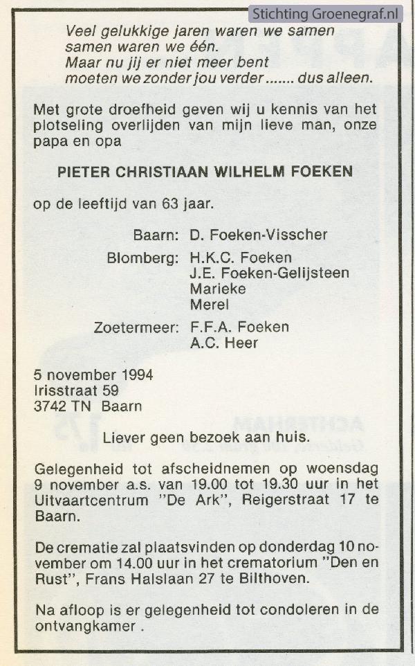 Overlijdensscan Pieter Christiaan Wilhelm  Foeken