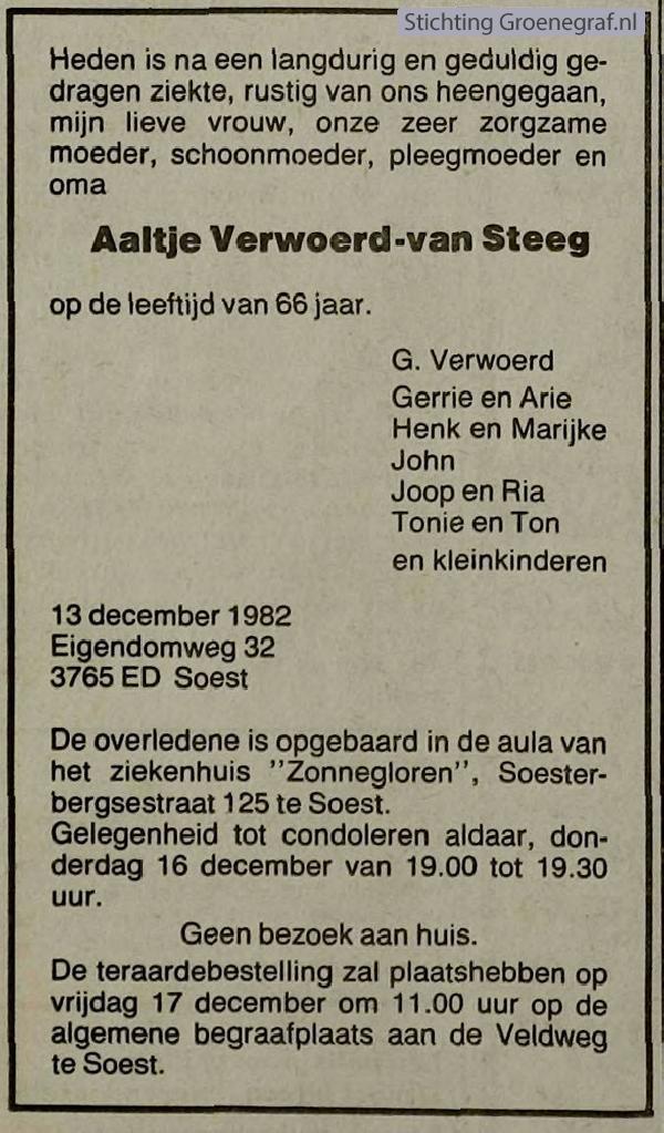 Overlijdensscan Aaltje van Steeg