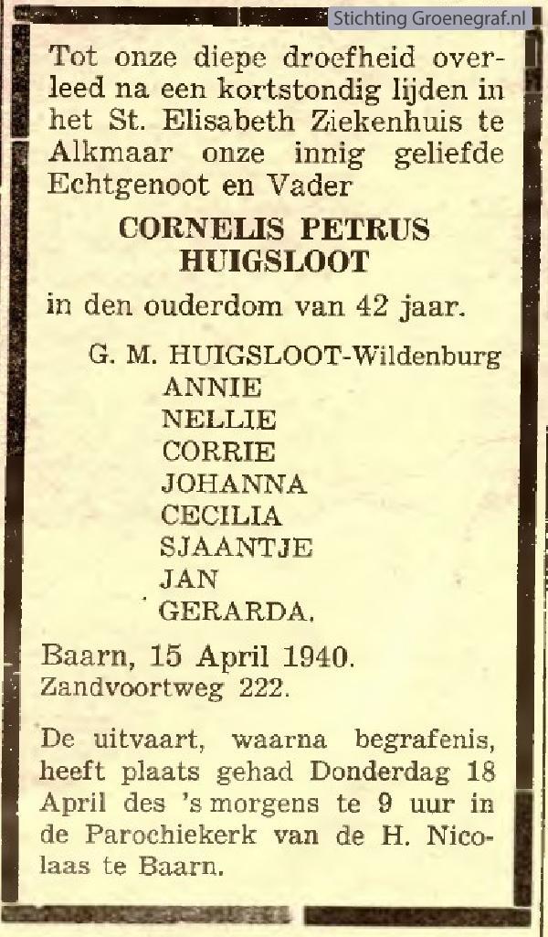 Overlijdensscan Cornelis Petrus  Huigsloot