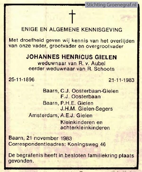 Overlijdensscan Johannes Henricus  Giele