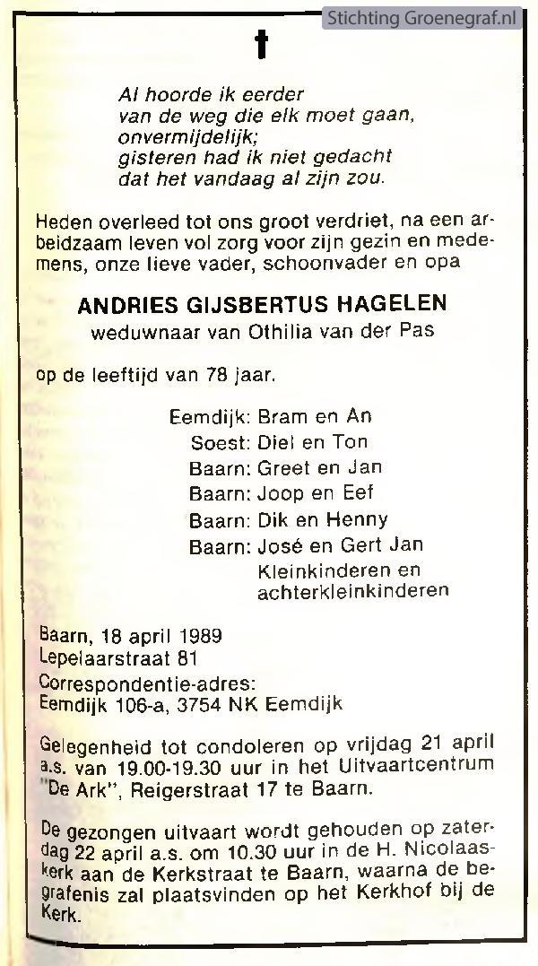 Overlijdensscan Andries Gijsbertus  Hagelen