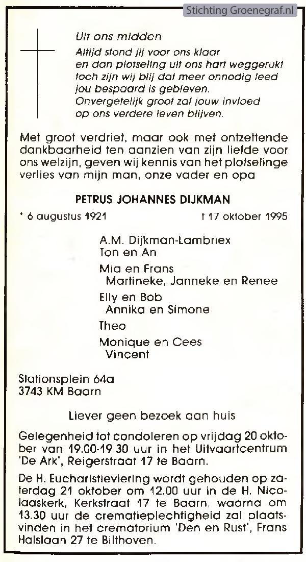 Overlijdensscan Petrus Johannes  Dijkman