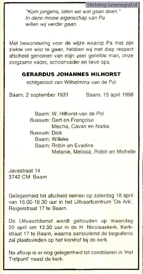 Overlijdensscan Gerardus Johannes  Hilhorst