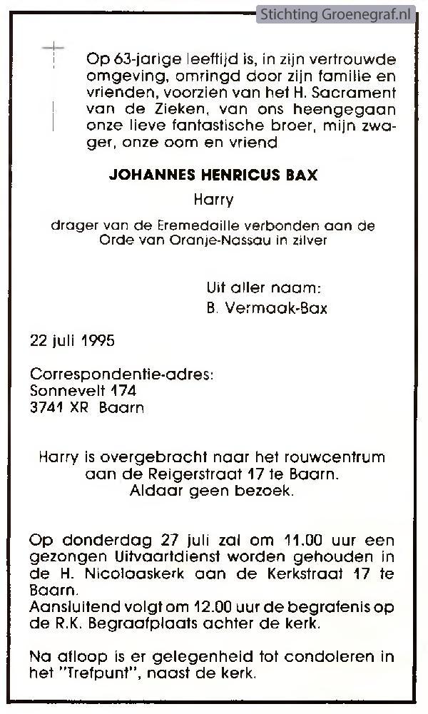 Overlijdensscan Johannes Henricus  Bax