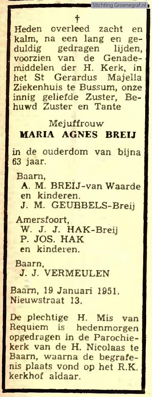 Overlijdensscan Maria Agnes  Breij