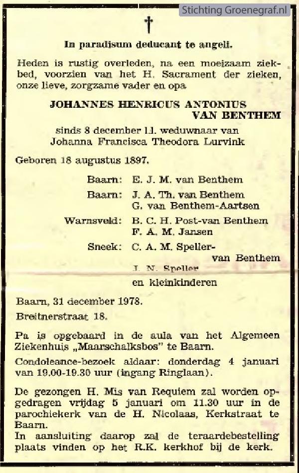 Overlijdensscan Johannes Henricus Antonius van Benthem