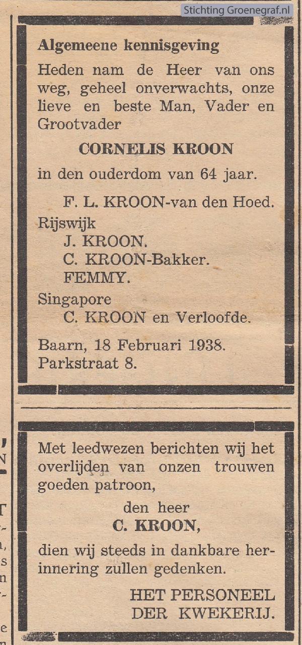 Overlijdensscan Cornelis  Kroon