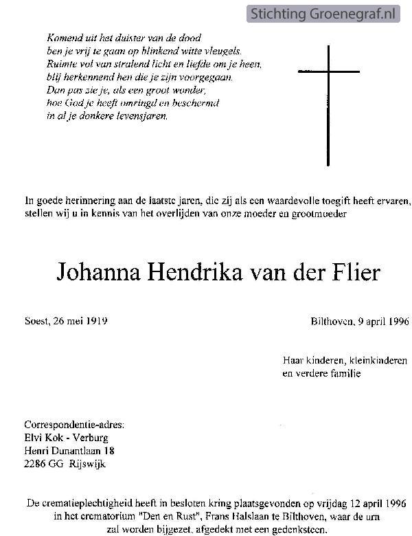 Overlijdensscan Johanna Hendrika van der Flier