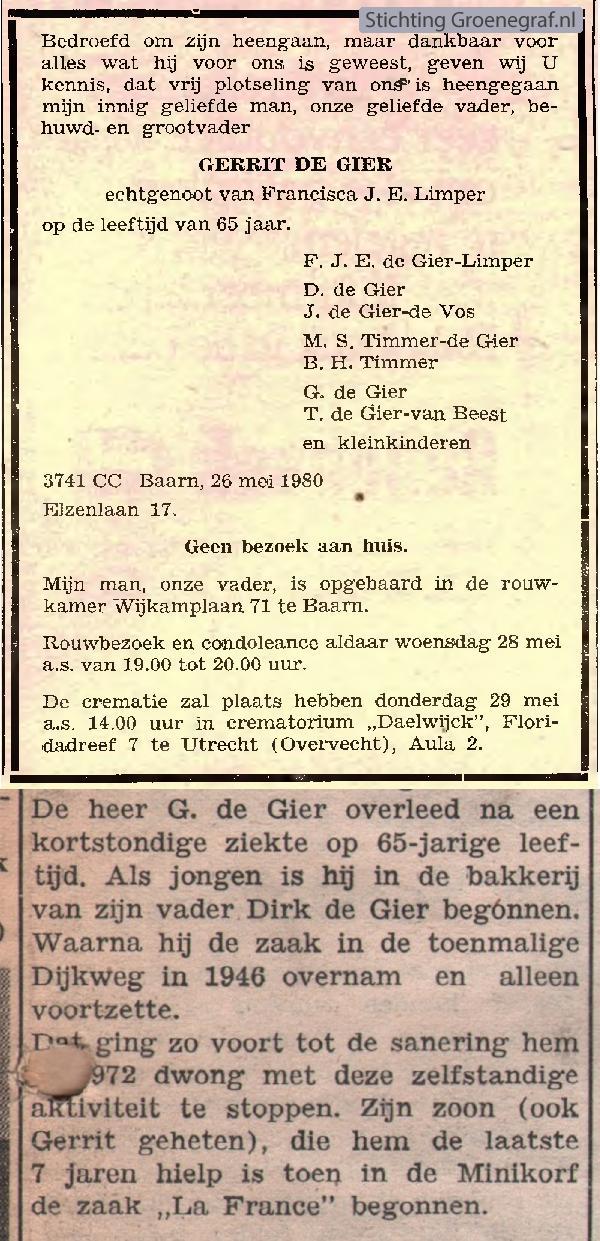 Overlijdensscan Gerrit de Gier