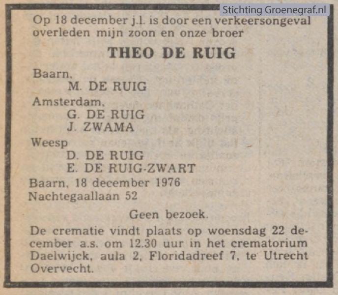 Overlijdensscan Theo de Ruig