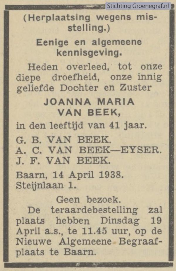 Overlijdensscan Johanna Maria van Beek