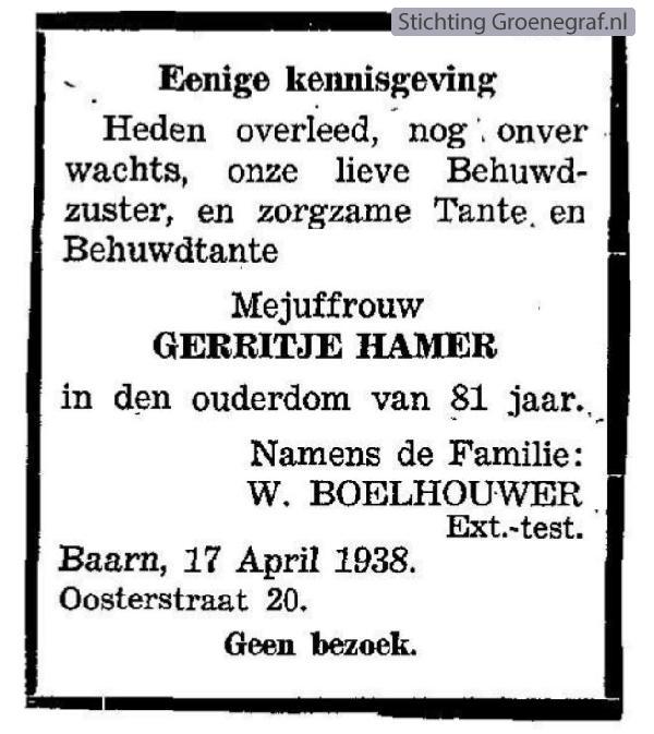 Overlijdensscan Gerritje  Hamer