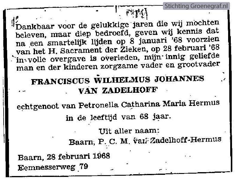 Overlijdensscan Wilhelmus Franciscus Johannes van Zadelhoff