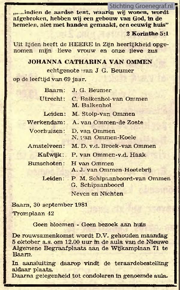Overlijdensscan Johanna Catharina  Ommen
