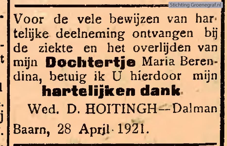 Overlijdensscan Maria Berendina  Hoitingh