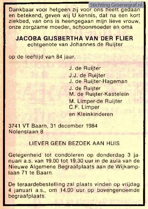 Overlijdensscan Jacoba Gijsbertha van der Flier