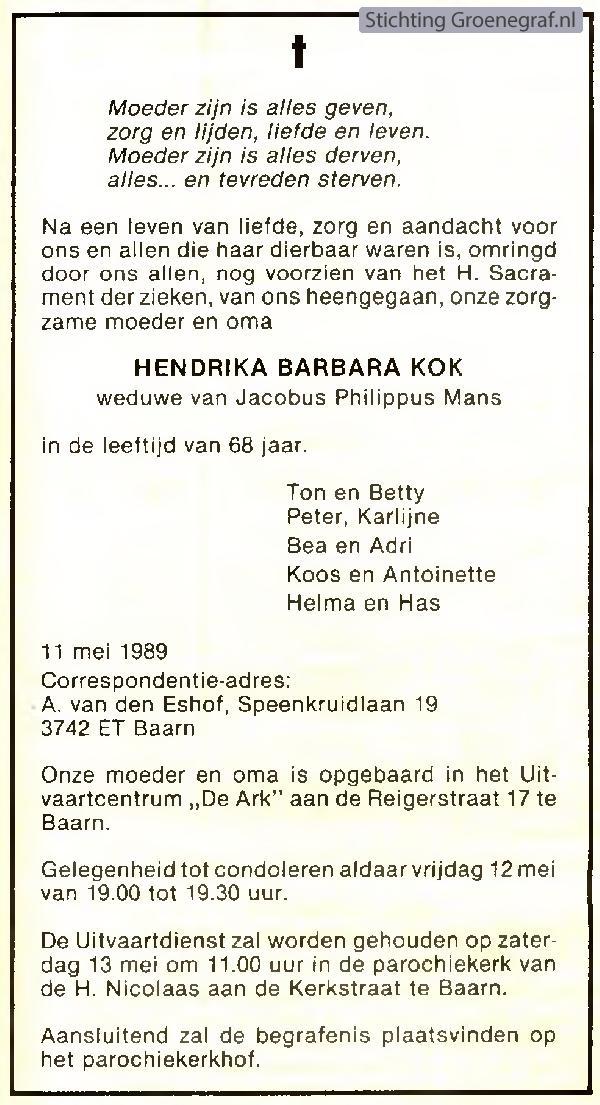 Overlijdensscan Hendrika Barbara  Kok