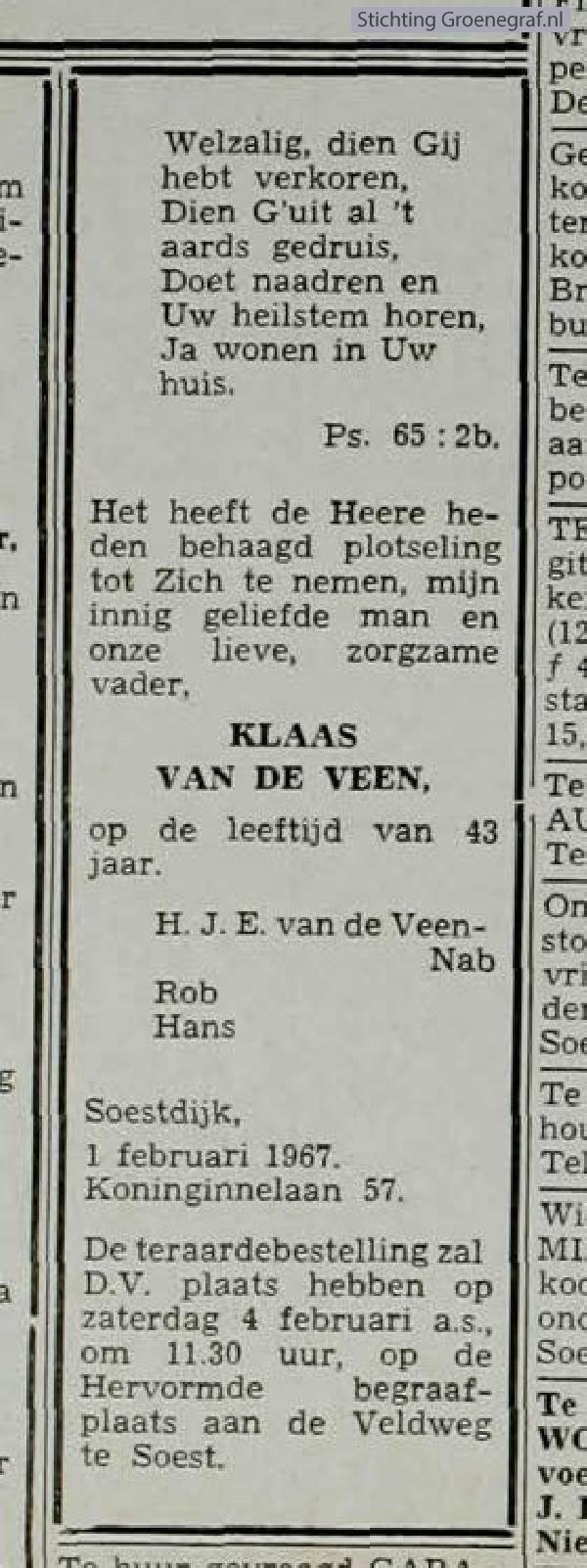 Overlijdensscan Klaas van de Veen