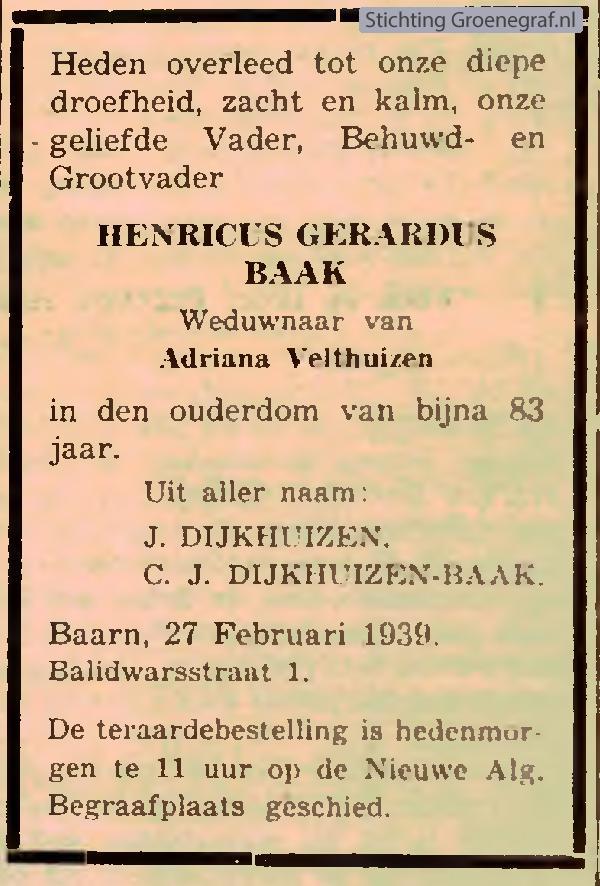 Overlijdensscan Henricus Gerardus  Baak