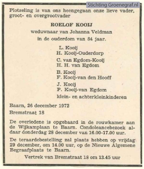 Overlijdensscan Roelof  Kooij