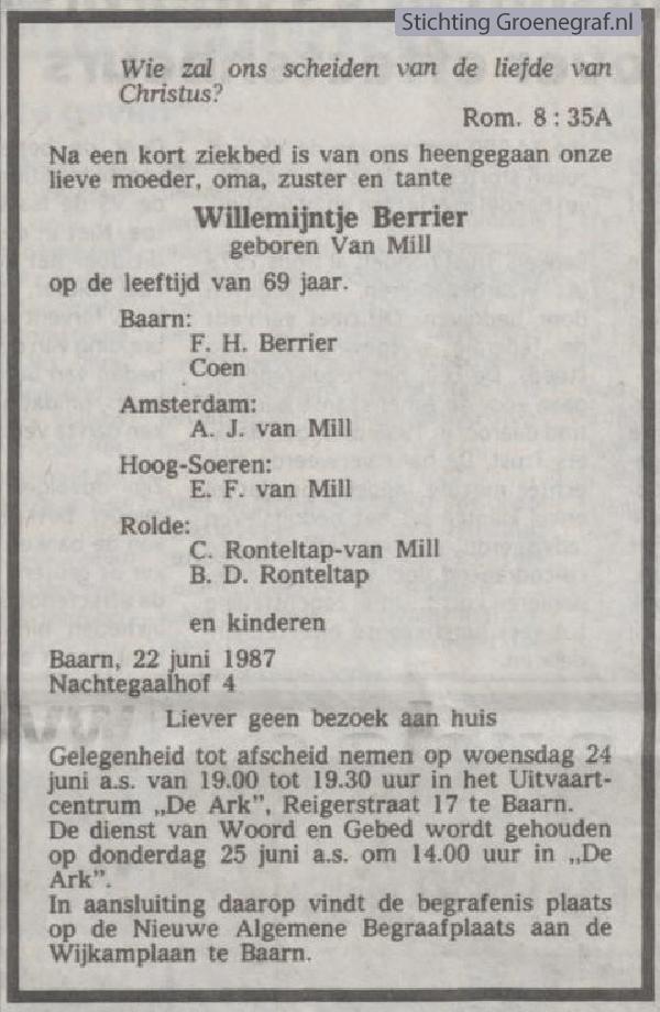 Overlijdensscan Willemijntje van Mill