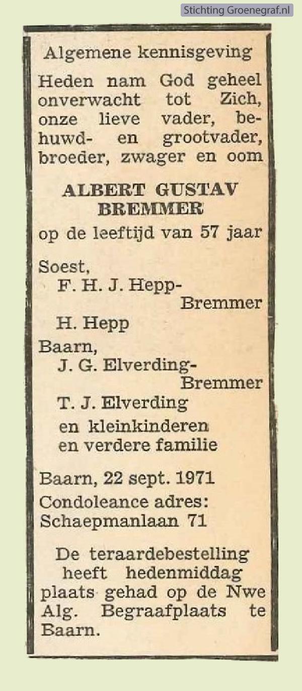 Overlijdensscan Albert Gustav  Bremmer