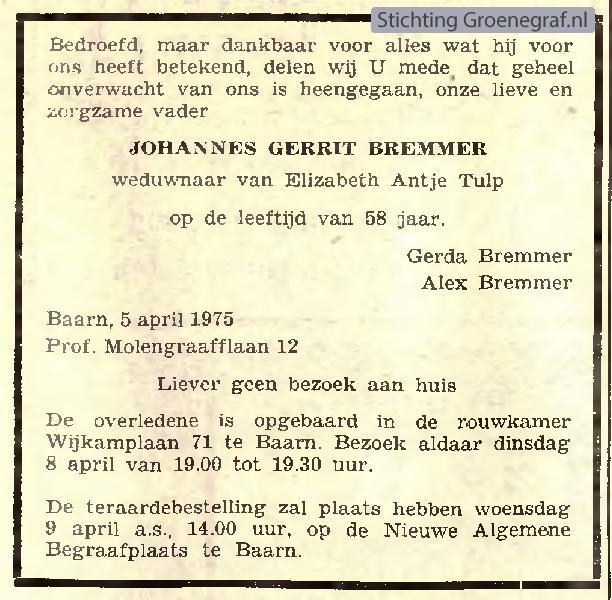 Overlijdensscan Johannes Gerrit  Bremmer