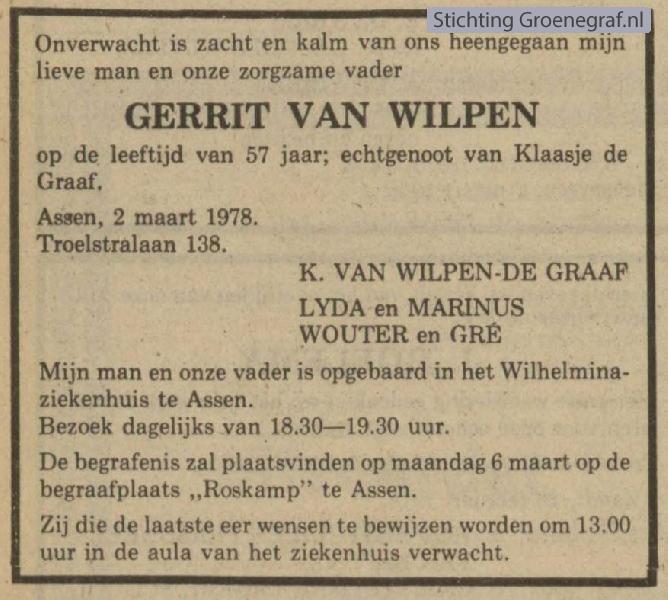 Overlijdensscan Gerrit van Wilpen