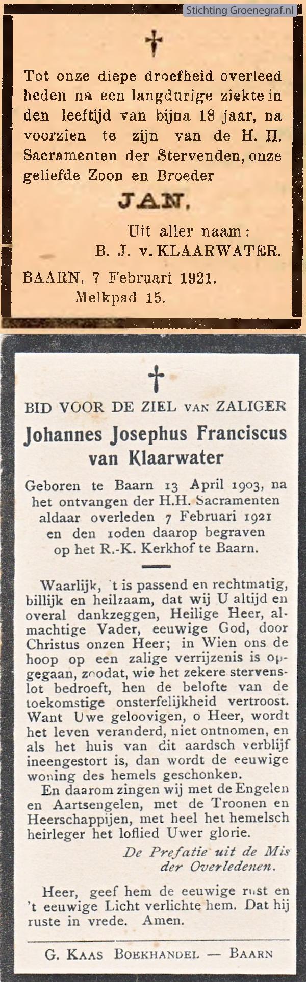 Overlijdensscan Johannes Josef Franciscus van Klaarwater