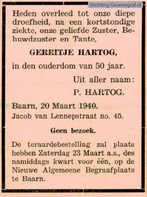 Overlijdensscan Gerritje  Hartog