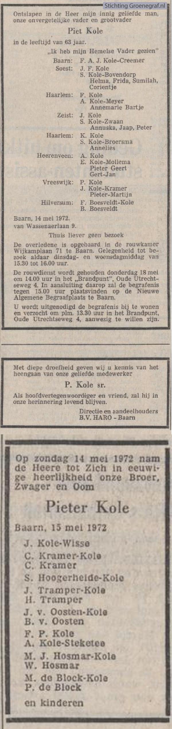 Overlijdensscan Pieter  Kole